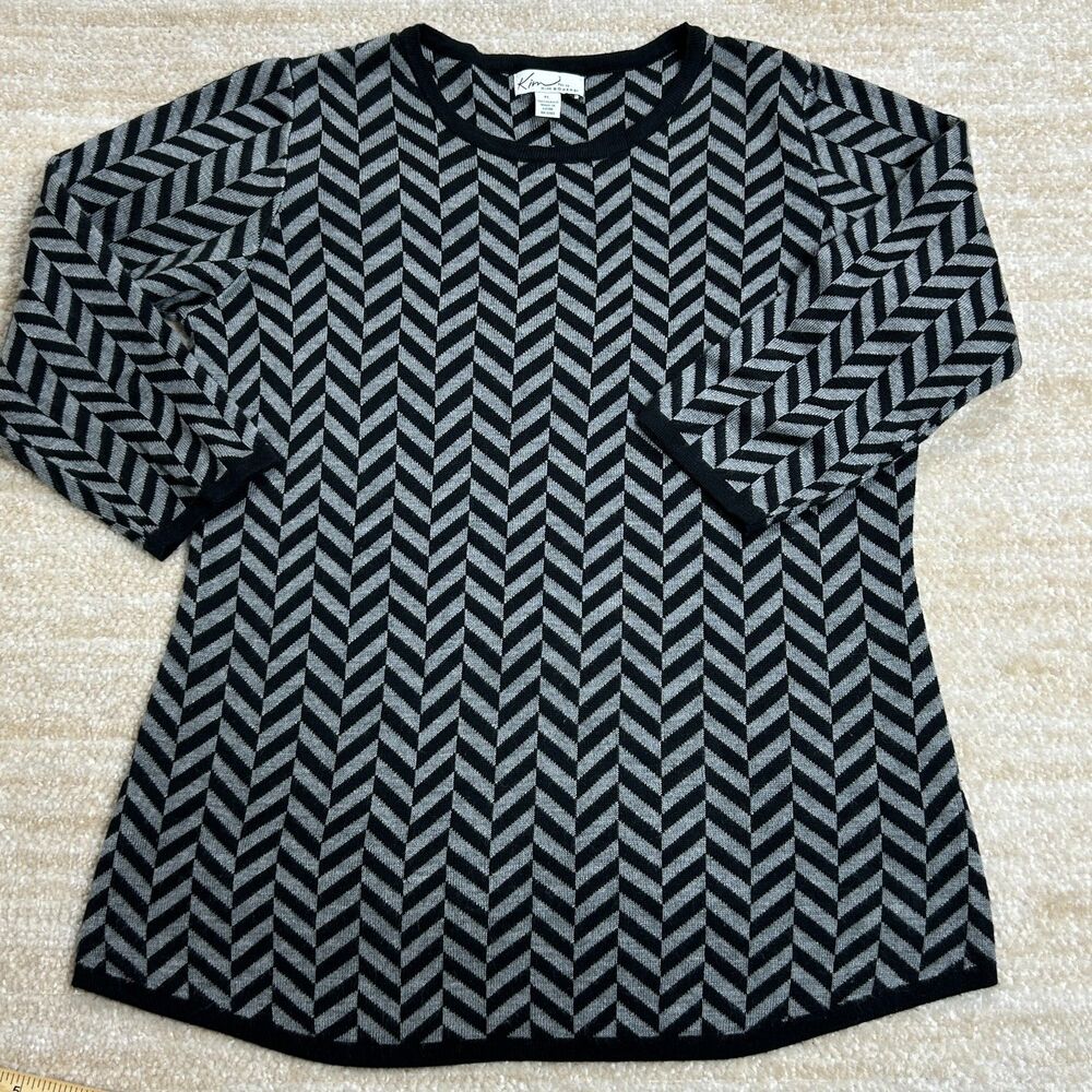 Kim Rogers Blouse Women PL Black Gray Chevron‎ Pullover Knit Acrylic Shirt